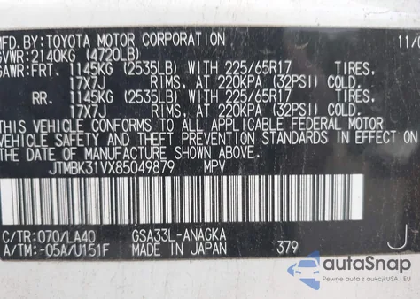 2008 Toyota Rav4 Limited V6 z USA, uszkodzony, nr VIN JTMBK31VX85049879